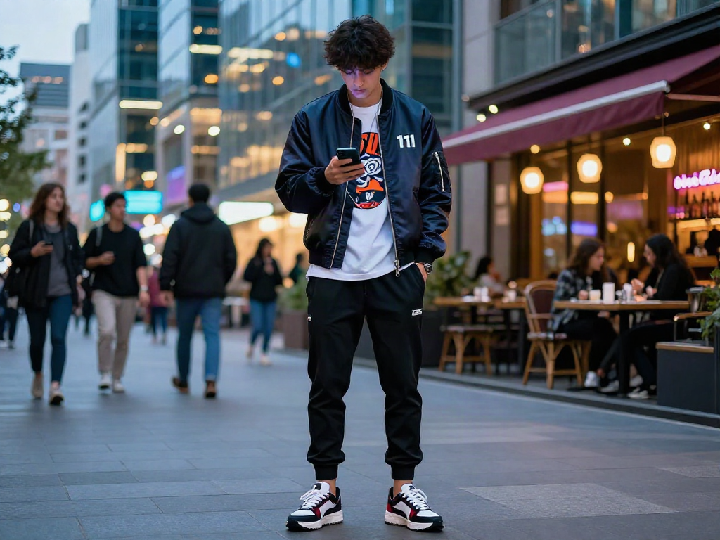 Gaya streetwear luxury111 yang modern di tengah kota, menampilkan individu yang percaya diri dengan outfit trendi dan latar belakang neon yang hidup.