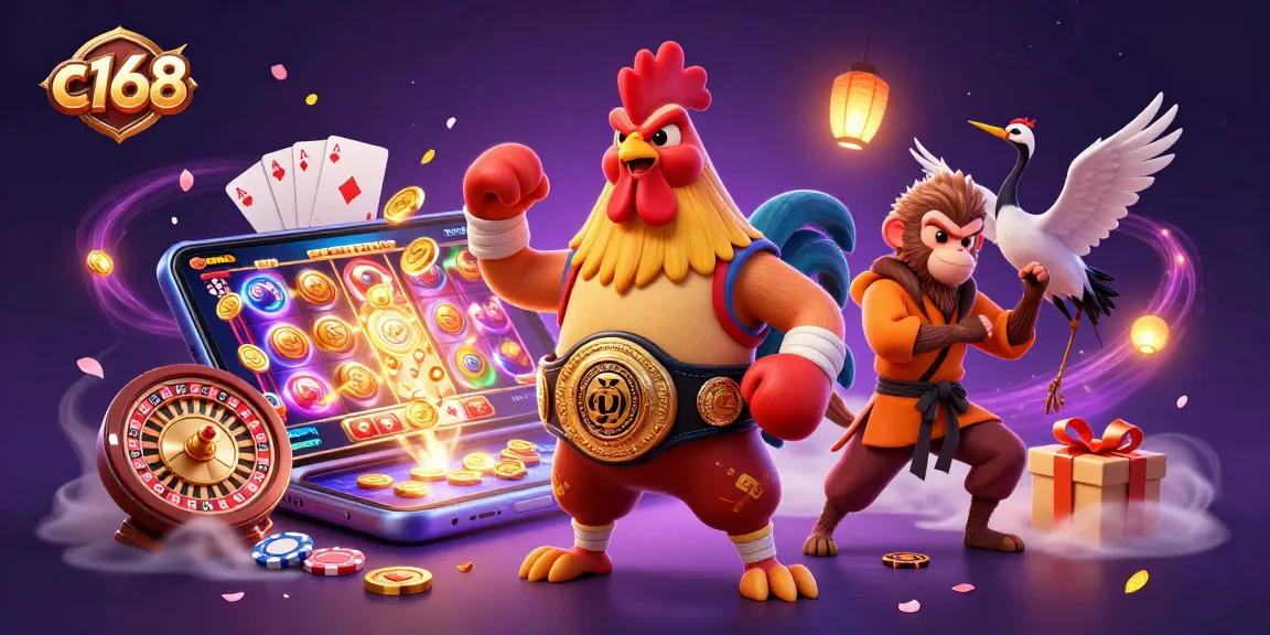 C168 offers dynamic gambling action with a lively 3D Muay Thai rooster and Shaolin monkey amidst casino games.