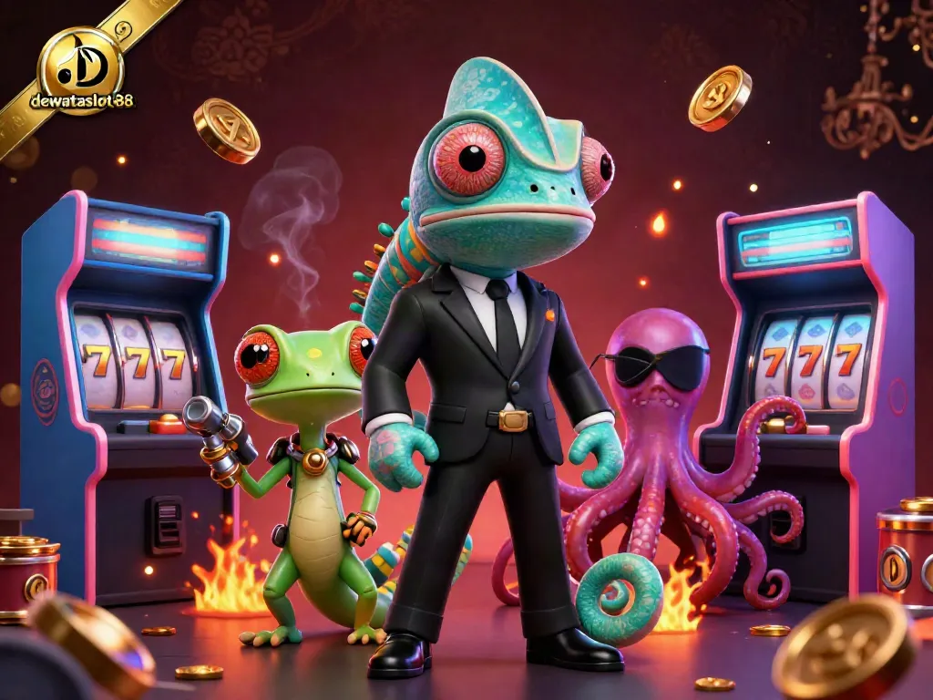 Raih kemenangan besar di dewataslot888 dengan ilustrasi permainan slot penuh warna dan karakter menarik.