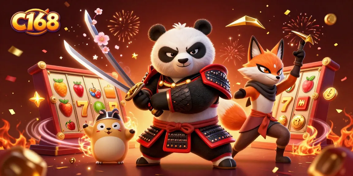 C168 offers thrilling slot adventures with a samurai panda and ninja fox amidst vibrant gaming elements.