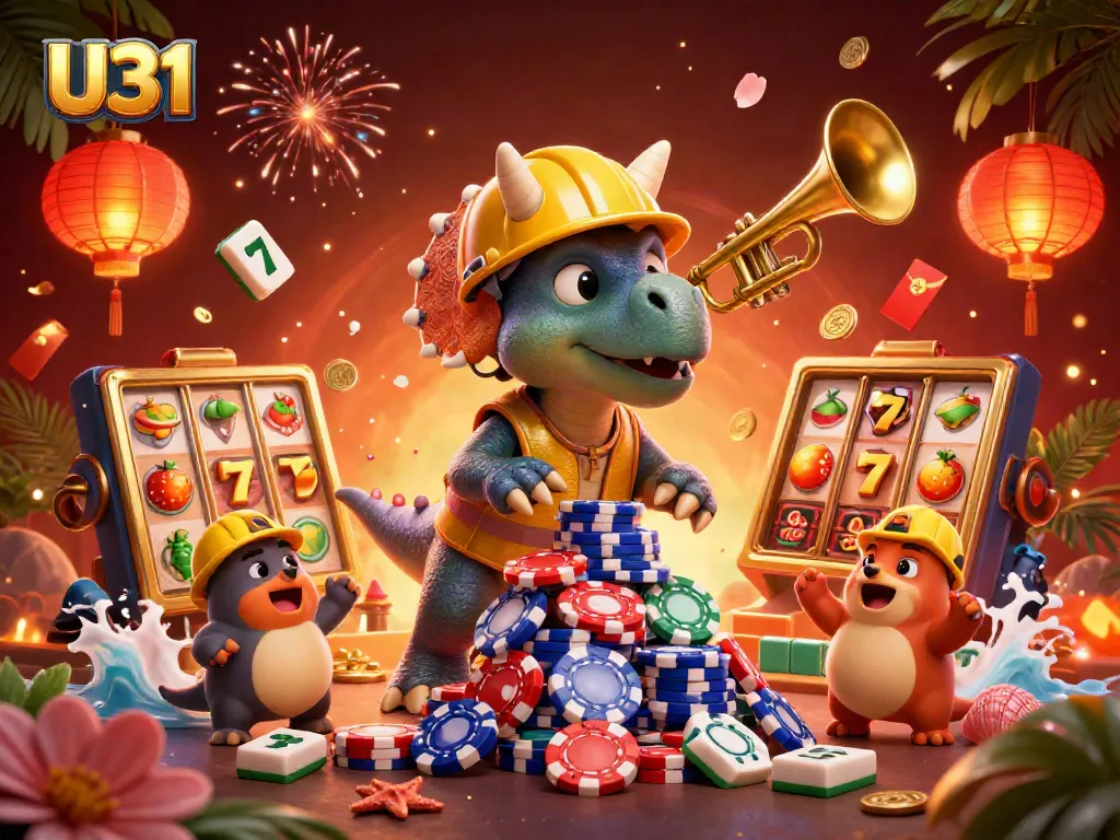 U31 promotes exciting gameplay with a colorful scene of triceratops celebrating around vibrant slot machines and poker chips