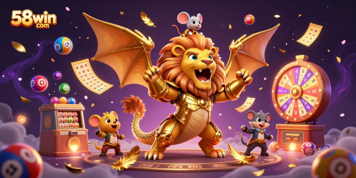 Play at 58win com, featuring an exciting 3D casino scene with animated lottery elements.