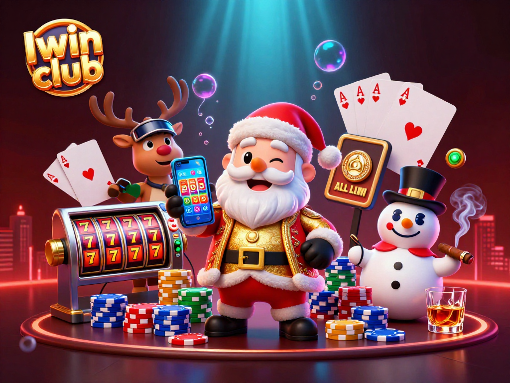 Join the fun at Iwin club with a festive casino scene featuring Santa, a reindeer dealer, and a poker chip snowman.