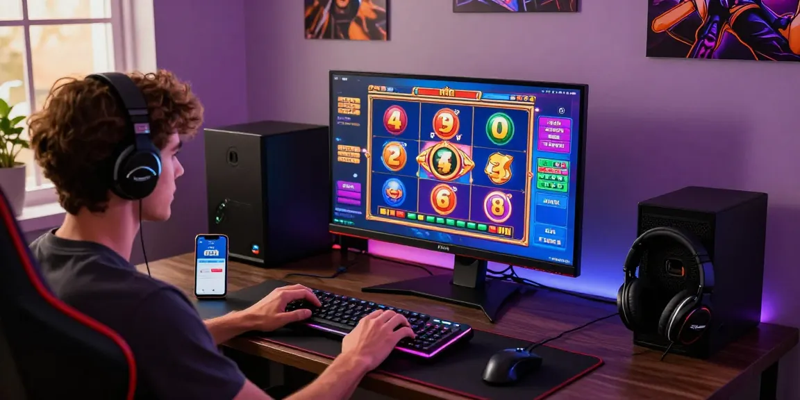 Engaging scene of a player enjoying deposit tanpa minimal slot games at a modern gaming setup with colorful graphics.