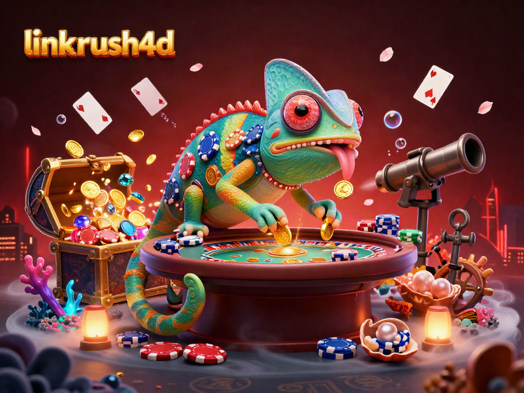 Jelajahi keseruan link rush4d dengan chameleon kasino ceria, koin emas melimpah, dan elemen permainan yang berwarna-warni.