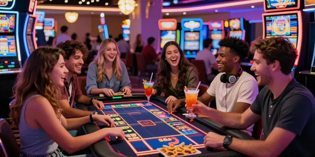 Lucky777 friends enjoying a lively casino gaming night with colorful slots.