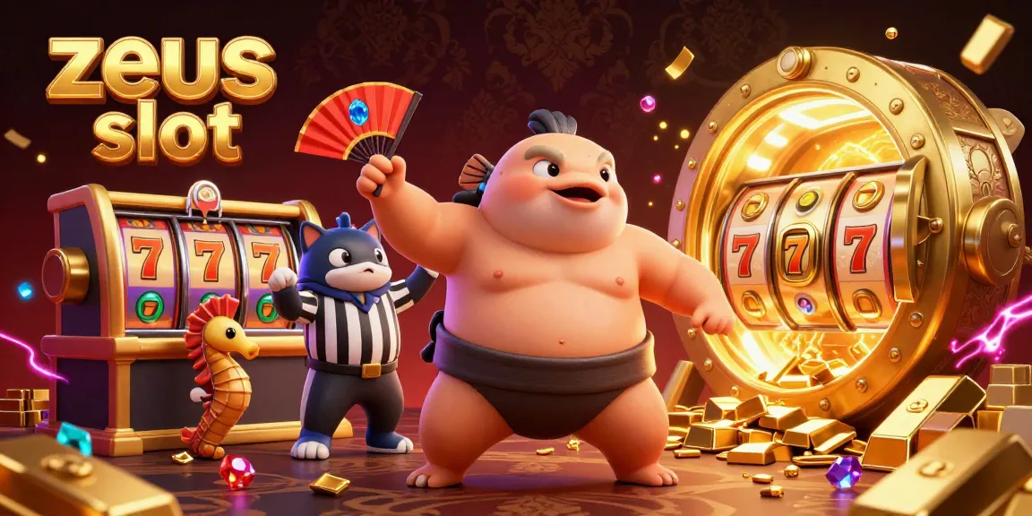 Experience zeus slot excitement with lively characters and gold treasures in a vibrant casino scene.