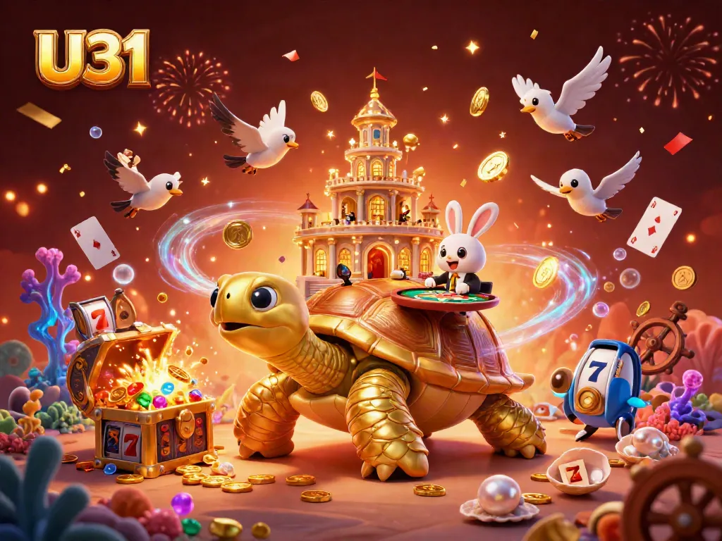 Experience U31 gaming thrills with golden tortoise casino scene featuring a rabbit dealer.