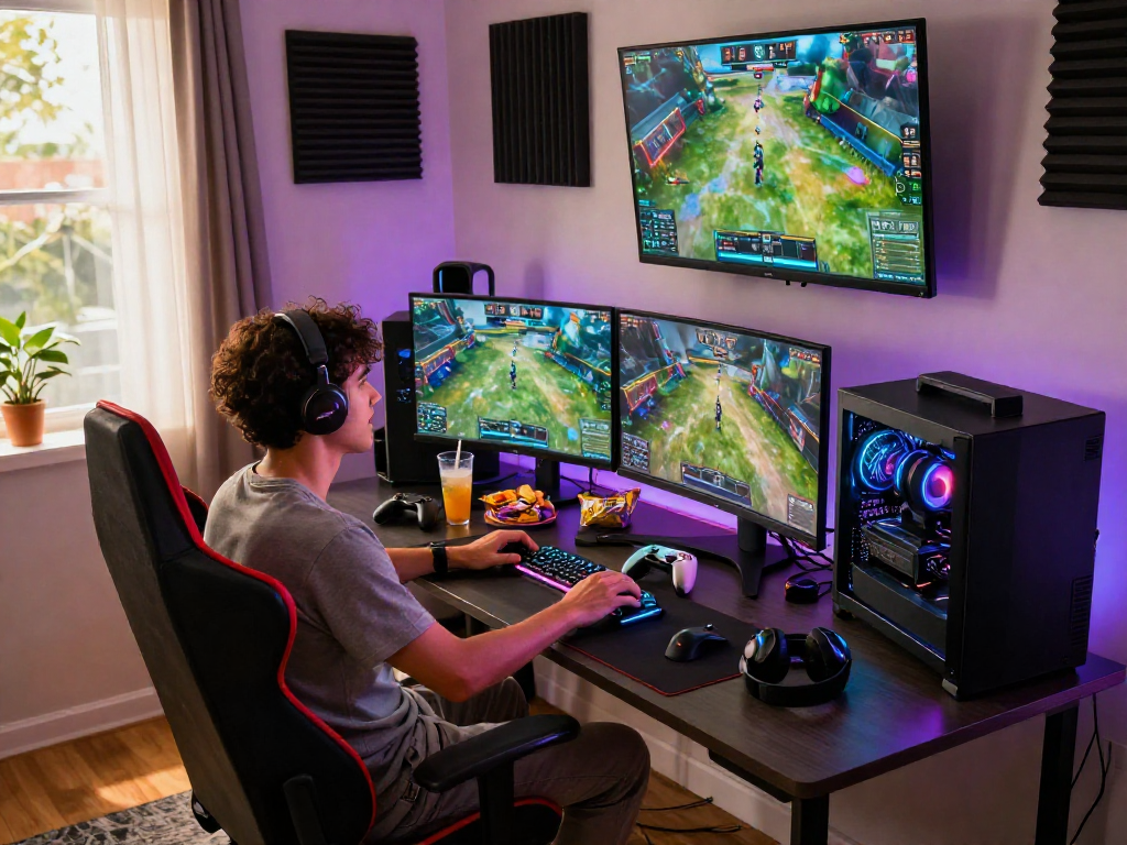 Dynamic gaming setup at home highlighting mpocash.blog creating an energetic and immersive atmosphere.