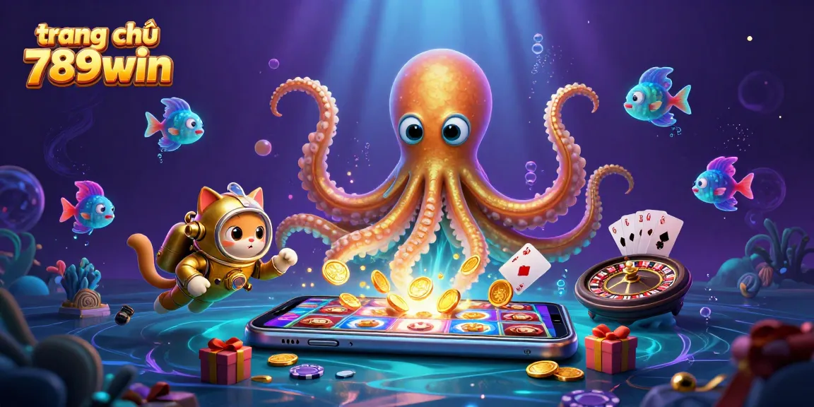 Experience excitement at trang chủ 789win with a colorful gaming scene featuring a giant kraken and thrilling slot games.
