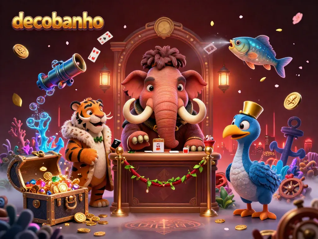 Experience the vibrant energy of decobanho with a lively 3D casino scene featuring unique characters, treasure, and casino elements.