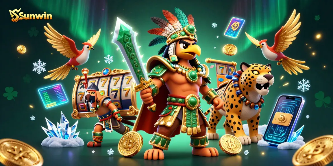 Win big with Sunwin by engaging in exciting slot games featured in a vibrant 3D illustration.