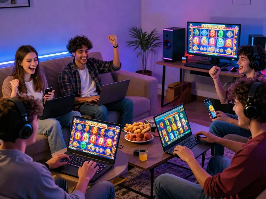 Exciting online gaming experience with friends playing luxury12 slot games in a cozy setting.