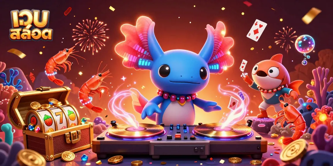Spin เว็บสล็อต with a vibrant DJ axolotl amidst a colorful underwater casino scene.