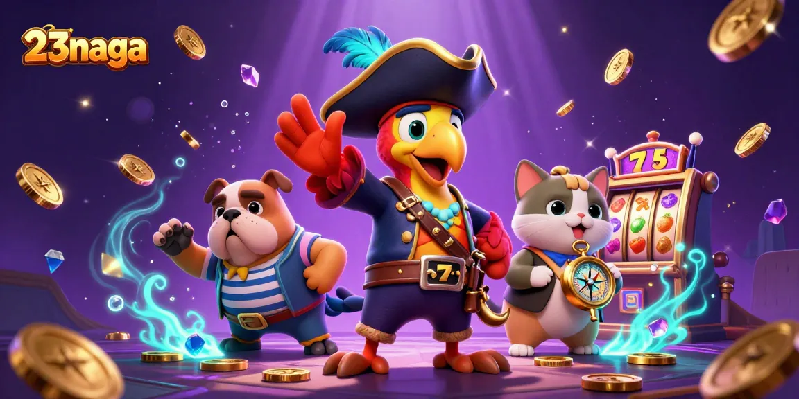 Experience the thrills of 23naga with cartoon characters enjoying slot machine wins and treasure.