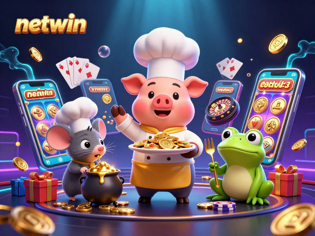 Experience netwin's vibrant casino scene with animated characters serving gold coins and exciting games.