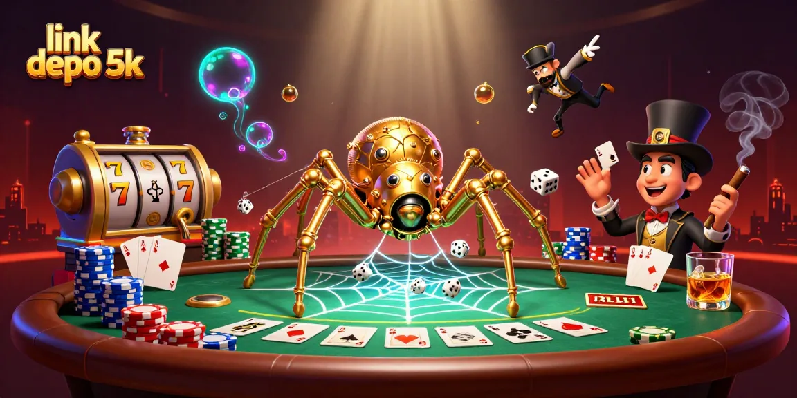 Engage with link depo 5k amidst a vibrant, animated casino setting filled with rich gaming elements.