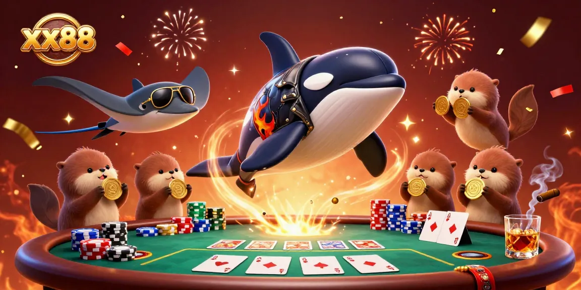 Experience exciting gameplay at xx88 casino with vibrant characters celebrating wins over poker tables.