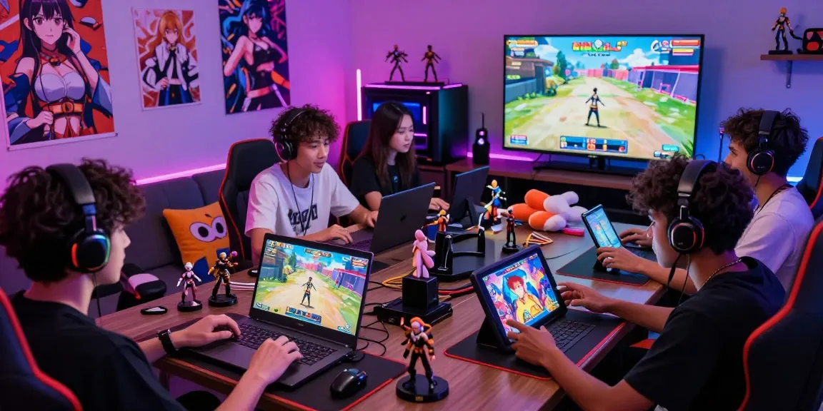 Engaged gamers enjoying diverse hentai games on various devices in a colorful, neon-lit gaming environment.
