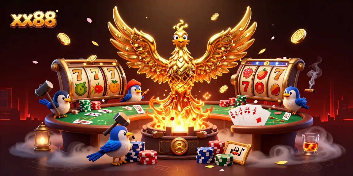 Enjoy the thrilling experience at xx88 with a stunning golden phoenix and dynamic gambling elements.