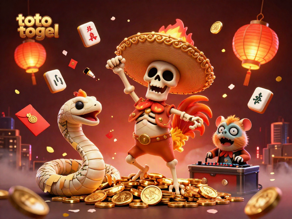 Experience thrilling action with toto togel as a skeleton mariachi dances on gold coins, surrounded by festive gambling elements.