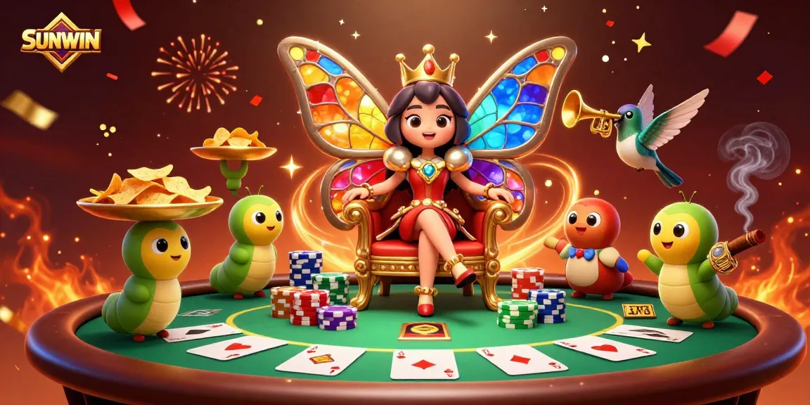SUNWIN offers a vibrant and dynamic casino experience with a 3D butterfly queen surrounded by poker elements.