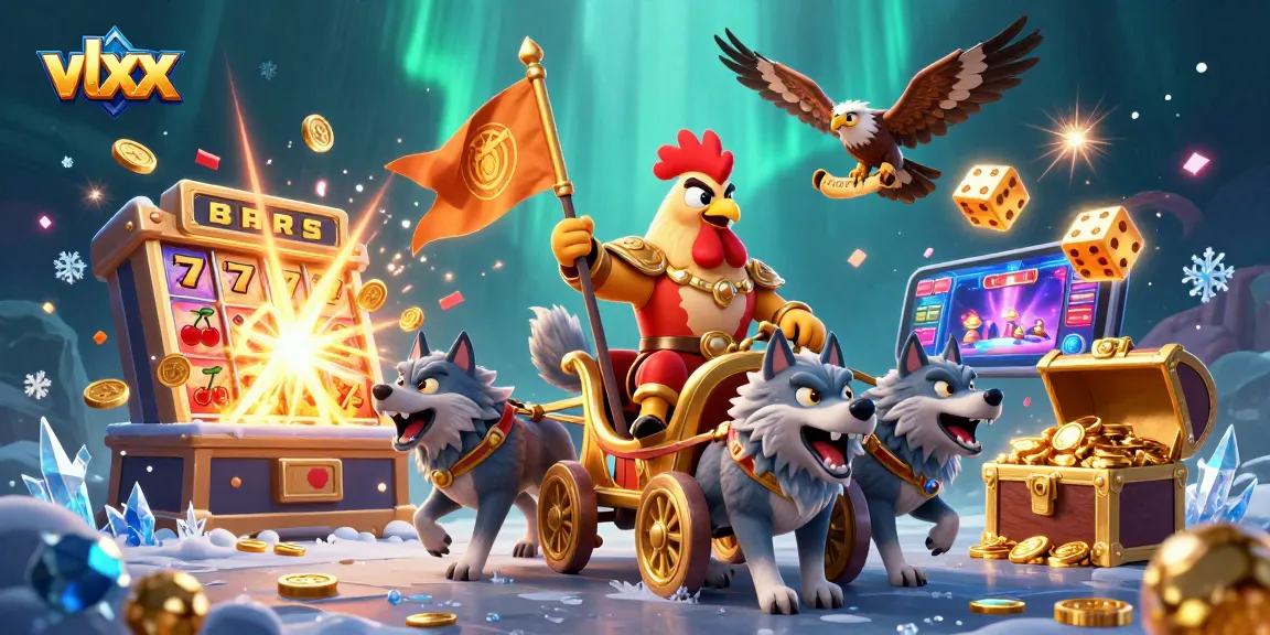 Warlord rooster on a golden chariot amidst casino symbols, embodying excitement with vlxx gaming.
