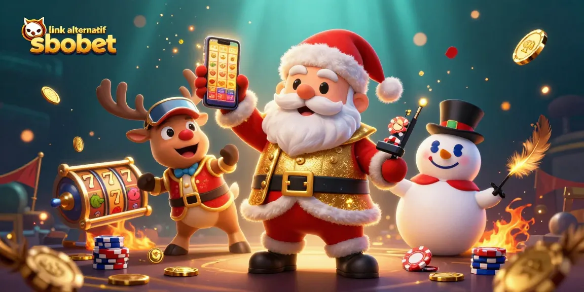 Engage with link alternatif sbobet in this vibrant casino scene showing Santa and friends celebrating jackpot wins.
