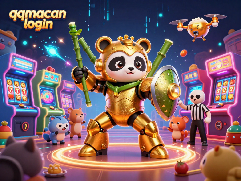 Experience thrilling qqmacan login action with a panda pilot, arcade games, and vibrant casino elements.