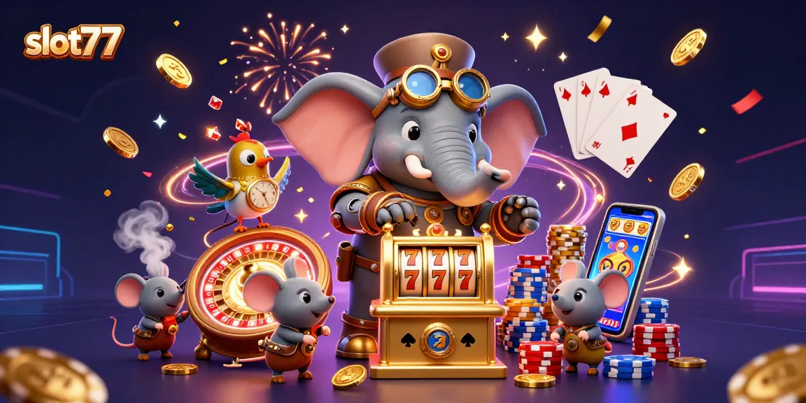 Spin the slot77 reels and win big with an exciting steampunk-themed casino illustration!