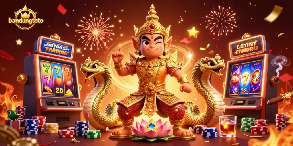 Experience exciting gameplay with bandungtoto, featuring vibrant slot reels and a friendly yaksha guardian.