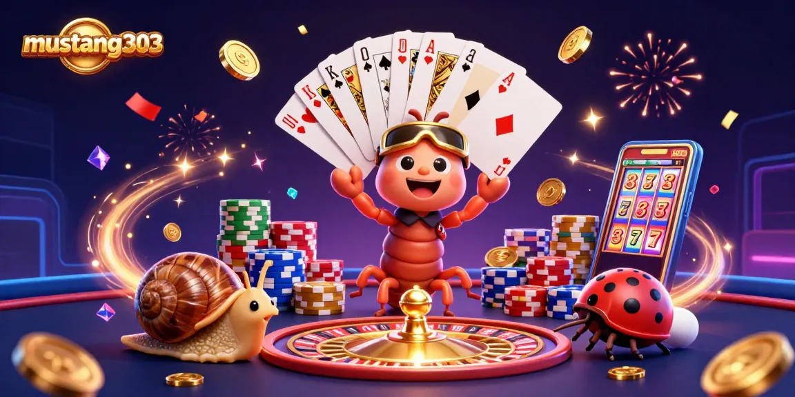 Mustang303 casino scene with a millipede dealer, exciting games, and vibrant colors.