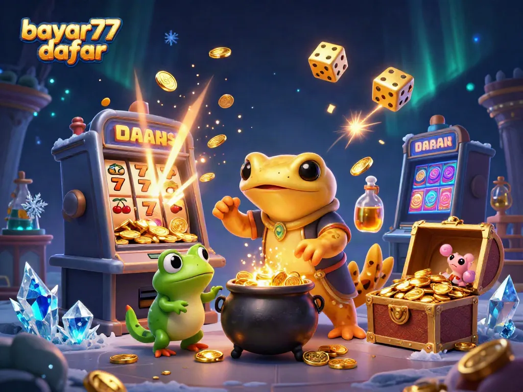 Experience seamless gaming with bayar77 daftar featuring vibrant slot machines and gold alchemy elements.