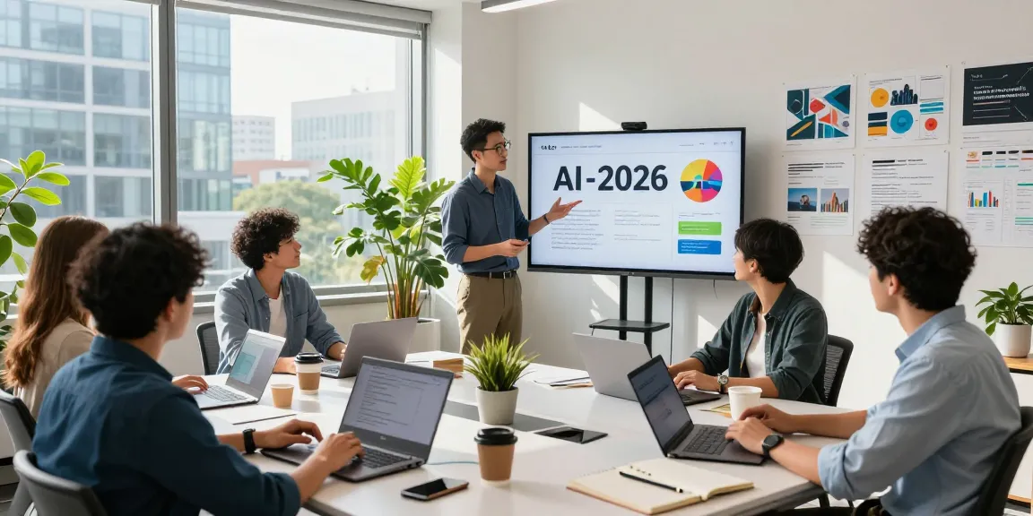 Diverse team in a tech startup office discussing AI startups 2026 with vibrant morning light.