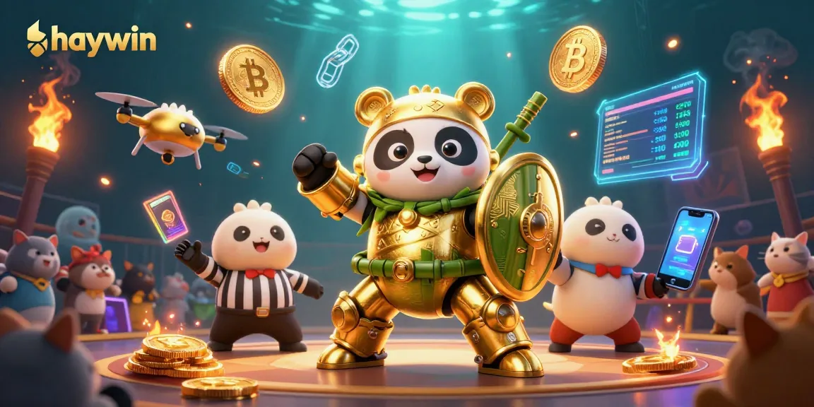 Engage with haywin's dynamic casino experience showcasing a mech-suit panda battling in a vibrant arena.