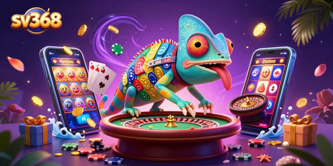 Win big at sv368 with a vibrant casino scene featuring a chameleon owner and gaming action.