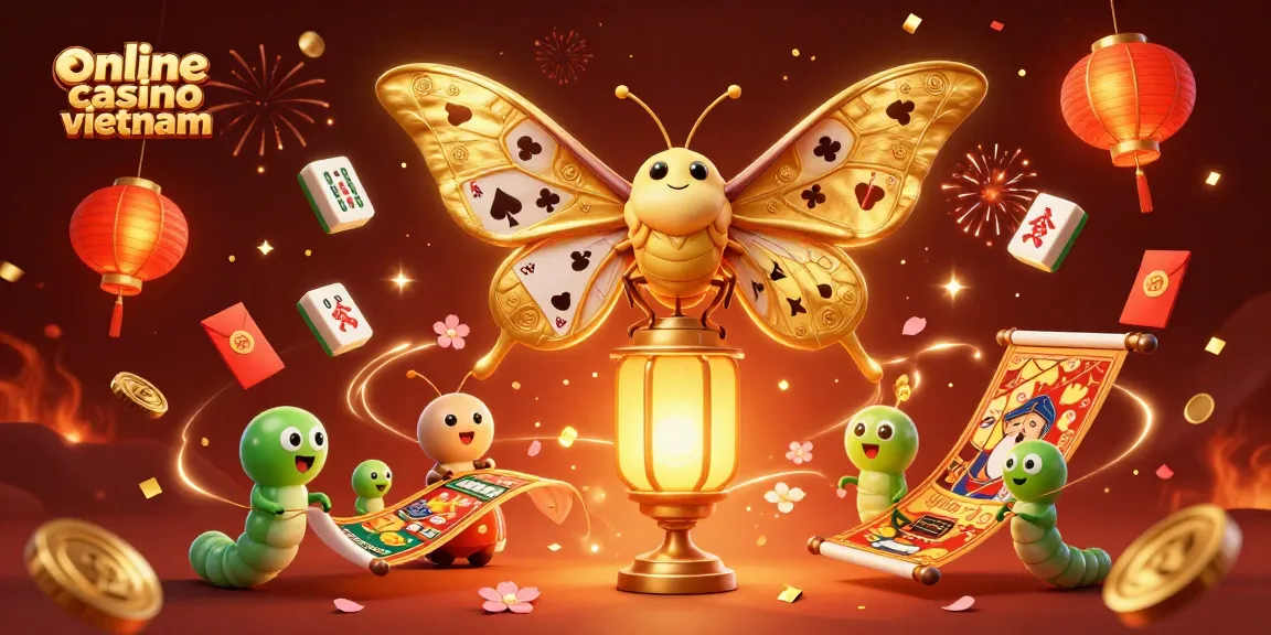 Experience the excitement of online casino Vietnam with a vibrant 3D illustration featuring a moth and casino elements.