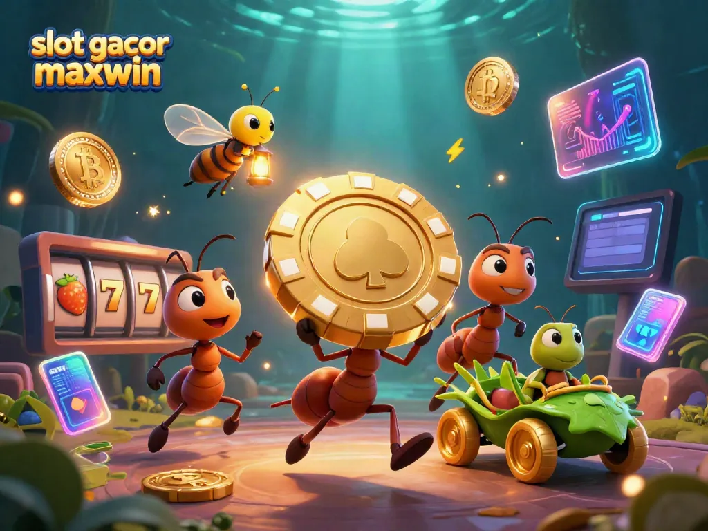 Slot gacor maxwin, ilustrasi tiga karakter dalam kejar-kejaran berisi simbol slot dan koin kripto.