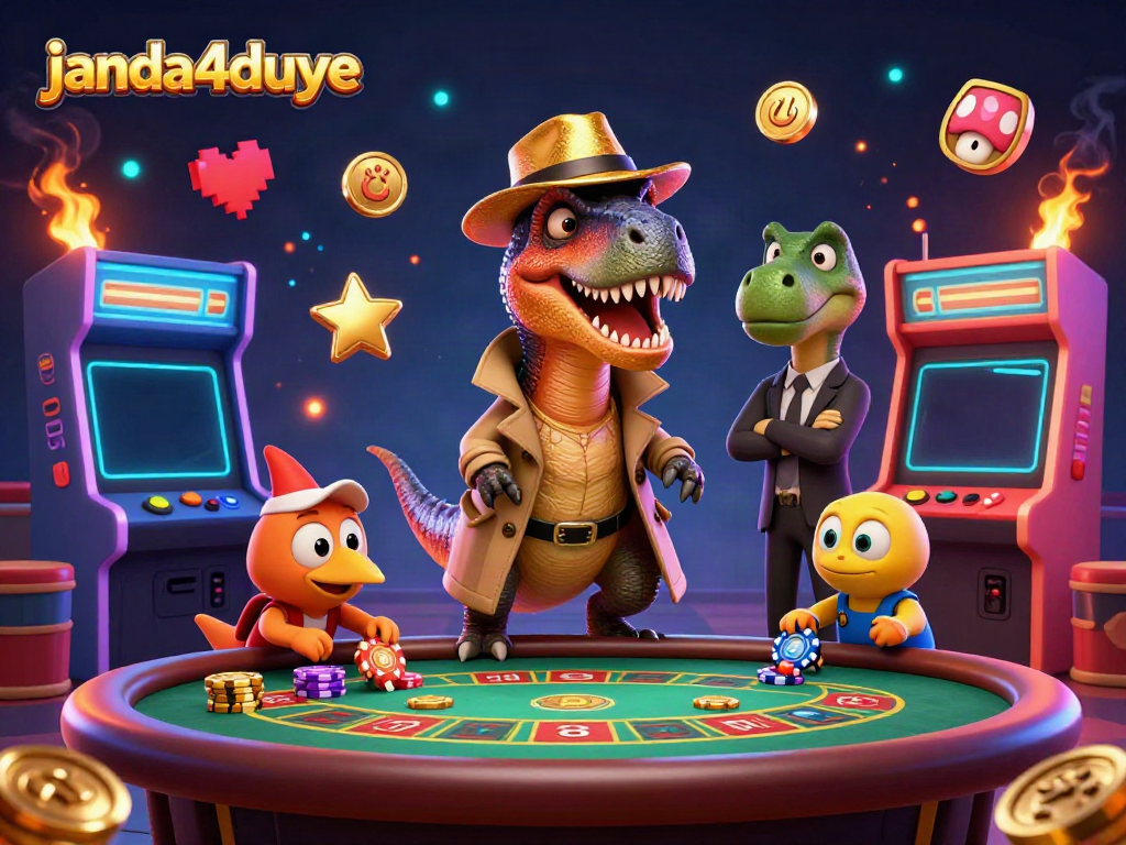 Permainan seru di janda4duye dengan velociraptor di meja blackjack dan aktivitas kasino.