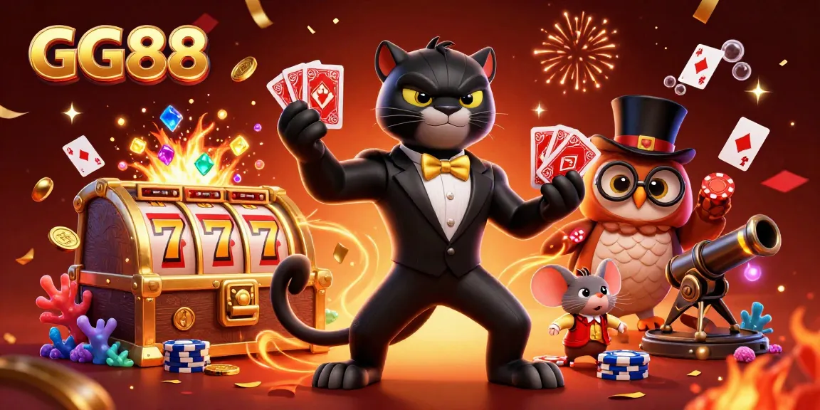 Bet on GG88 with the stylish black panther dealing cards, surrounded by vibrant casino elements.