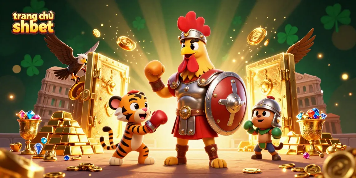 Engage with the thrilling world of trang chủ shbet featuring a gladiator rooster and tiger cub in an electrifying casino atmosphere.