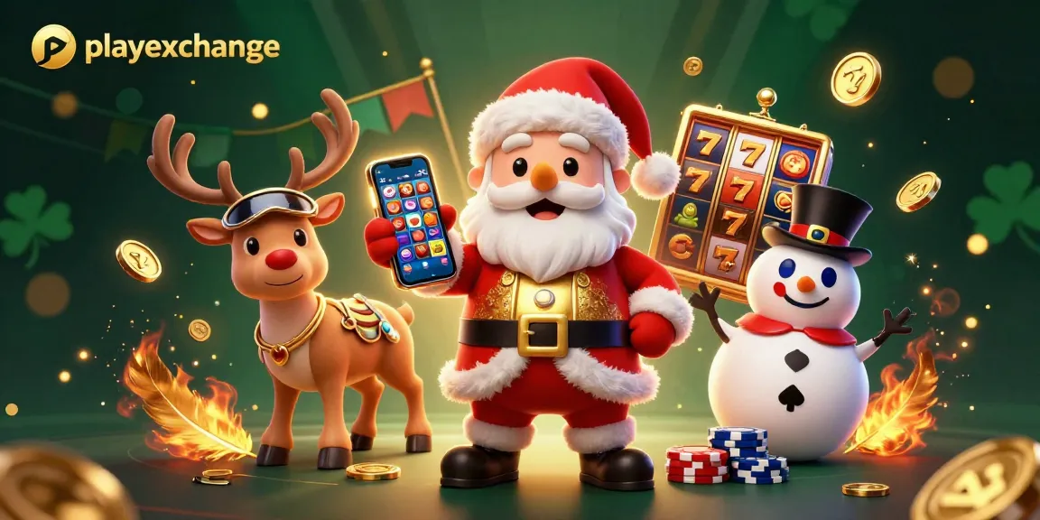 Engage in thrilling gameplay with playexchange's festive casino scene featuring a lucky Santa, reindeer dealer, and poker chip snowman.