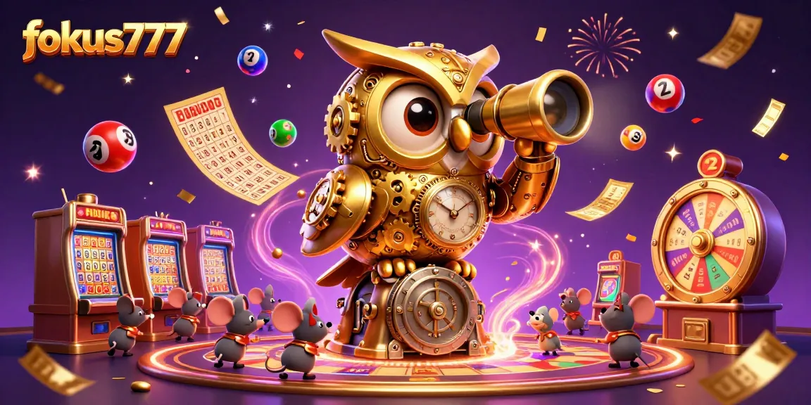 Experience excitement at fokus777 with the bustling casino scene featuring lively lottery elements and animated characters.