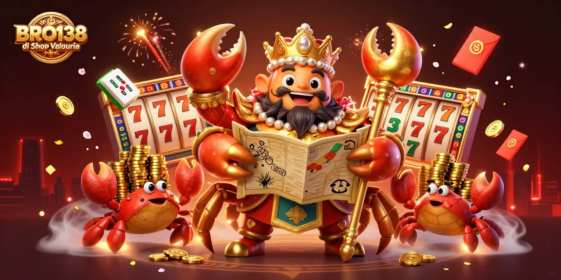 Engaging gameplay at BRO138 di Shop Velouria with a golden crab emperor and vibrant slot elements.
