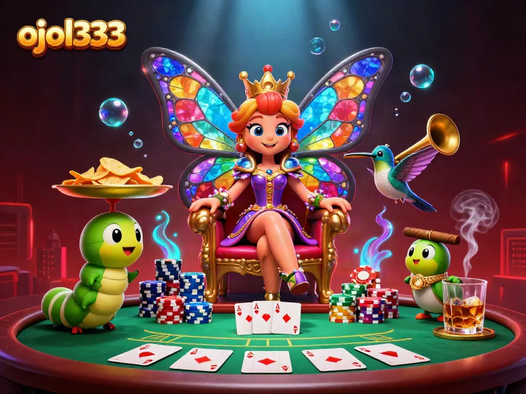 Engage with ojol333 as a vibrant butterfly queen reigns over a bustling poker scene.