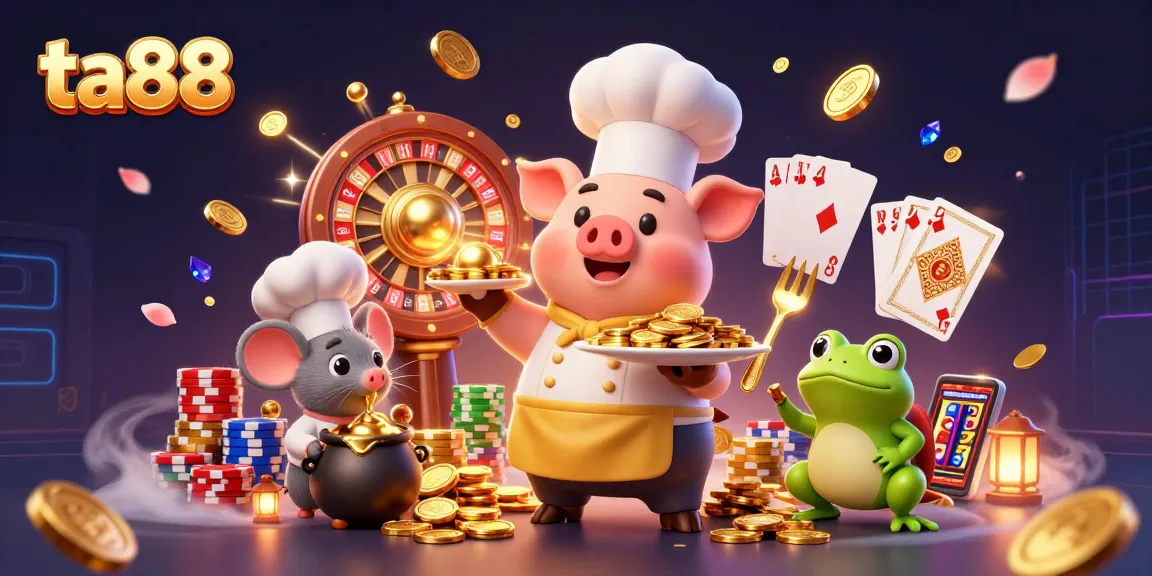 Win big with ta88 as the chef pig serves gold coins amidst vibrant casino delights.