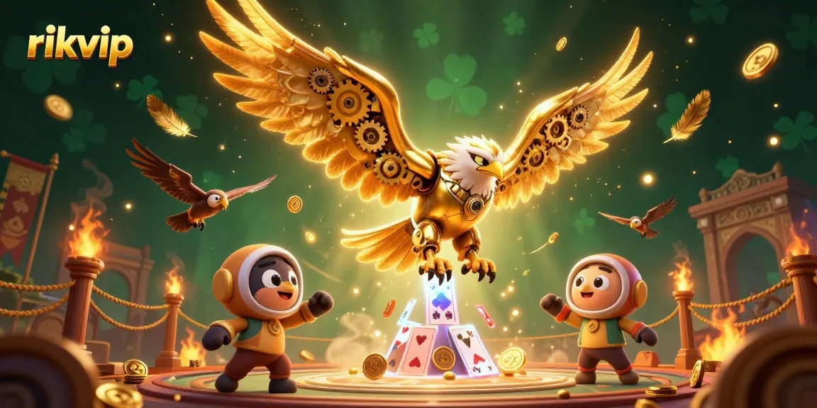 Experience thrilling gameplay at rikvip with stunning visuals of a golden eagle navigating through a vibrant casino scene.