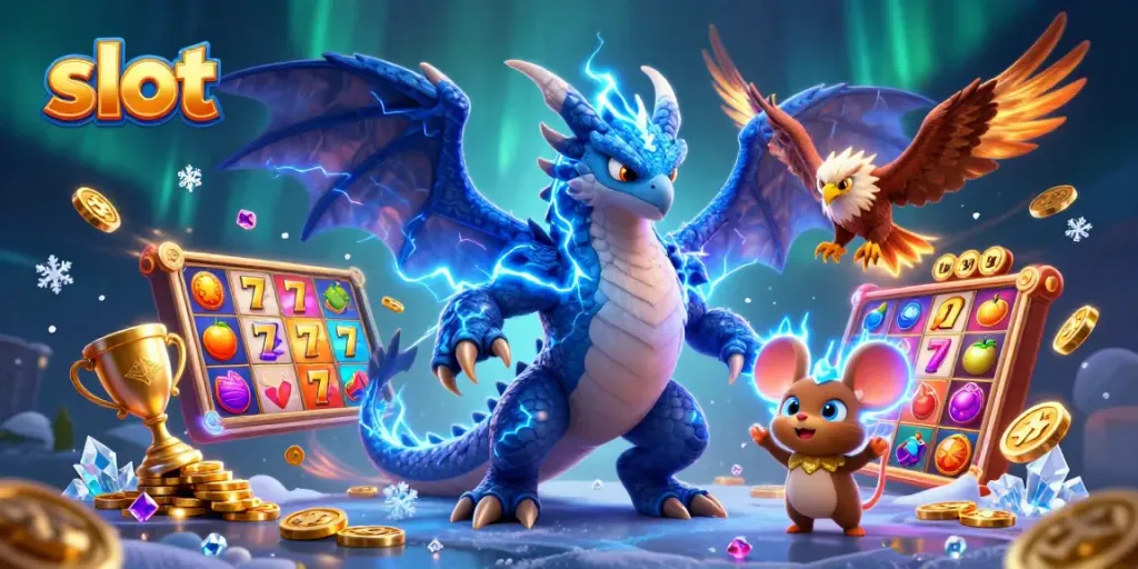 Engaging slot-themed 3D scene featuring a thunder dragon, lucky 7s, and vibrant coins.
