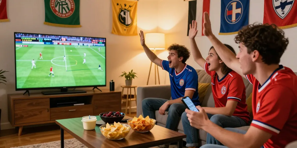 Fans celebrating a live football match; ضغط هنا للمشاهدة for today's games.