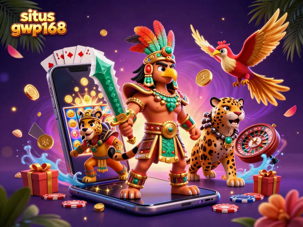 Situs gwp168 menghadirkan ilustrasi 3D bertema Aztec dengan elemen permainan slot yang menarik, menampilkan pahlawan dan elemen kasino.